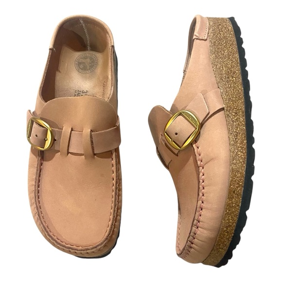 Birkenstock Shoes - Birkenstock Pink Leather Mules with Gold Buckle